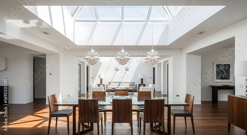Stylish modern dining room with skylight and designer furniture showcasing interior design
