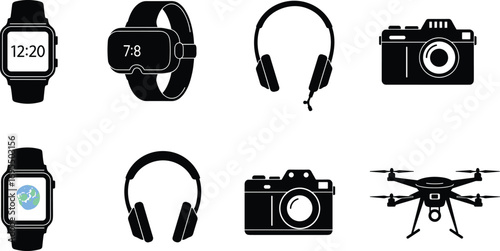 Vector icons of smartwatch, VR headset, headphones, camera, drone, technology gadgets, digital devices, wearable tech, electronic equipment, black silhouettes.