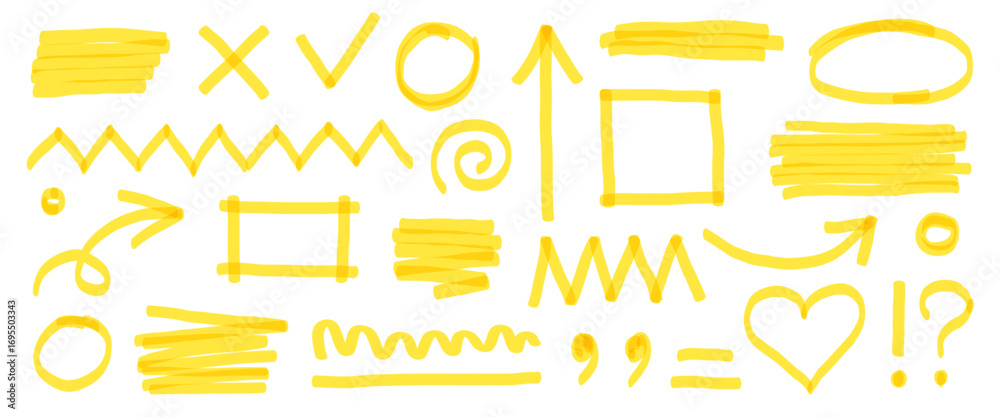 custom made wallpaper toronto digitalHighlight marker pen set. Hand drawn yellow color highlight with underline, heart, and pen sketch arrow element. Scribble circle shape, check mark sign and dry paintbrush texture. Vector illustration