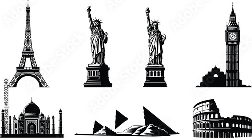 World famous landmarks illustration, Eiffel Tower, Statue of Liberty, Big Ben, Taj Mahal, Pyramids, Colosseum, travel, tourism, architecture, heritage