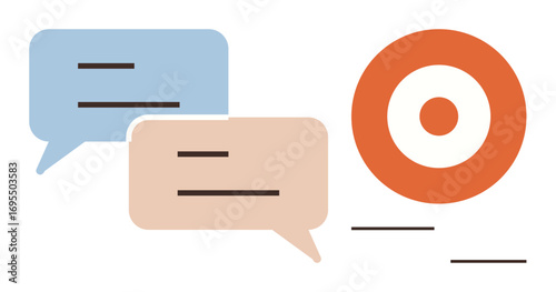 Two speech bubbles and a target icon represent ideas, conversation, discussion, collaboration, focus, goal-setting, and communication. Ideal for teamwork, feedback planning marketing strategy