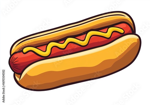 Cartoon hot dog vector illustration in flat sticker style on white background, minimalistic design with bold colors, simple line art, soft shading, no gradients, clean outline, fast food concept