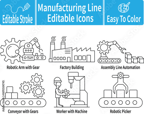Manufacturing line editable icons set featuring robotic arm, conveyor, gears, factory, worker, and automation equipment. Ideal for industry, production, and technology themes.
