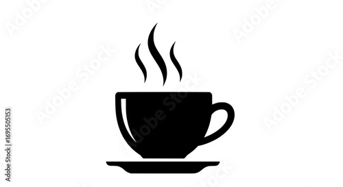Simple Black and White Icon of a Hot Cup of Coffee on a Saucer