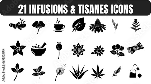 Diverse collection of herbal infusions and tisanes icons, showcasing natural plant-based ingredients for health and wellness, perfect for illustrating remedies and hot drinks