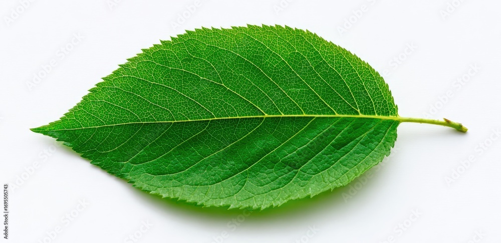 Fototapeta premium Single vibrant green leaf against white background