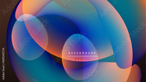 Abstract fluid shapes overlap, creating vibrant color gradients. Background is dark, emphasizing luminous forms. Modern design element.