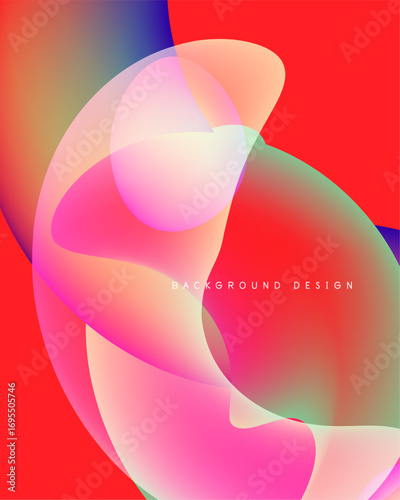 Abstract fluid shapes overlap, creating vibrant color gradients. Red dominates background, with pinks, blues, greens blending seamlessly. Modern design element.