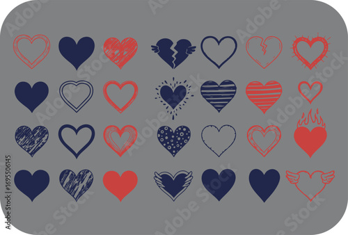A collection of diverse heart shapes in various colors and distressed textures arranged in a grid on a gray background evoking themes of love and romance