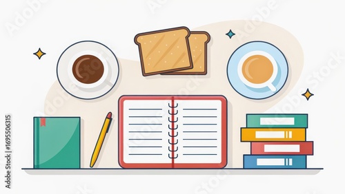 back college vibes concept. Study space with coffee, snacks, and stationery.