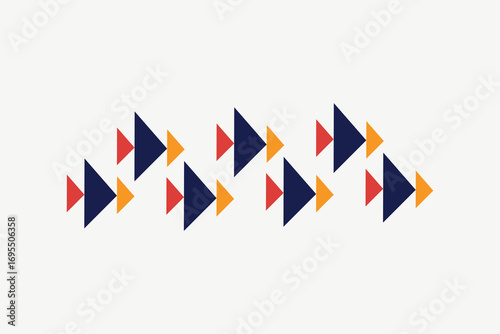 Colorful geometric background featuring a repetitive arrow and triangle motif in red, yellow, blue, and navy. Perfect for modern design projects, posters, branding, web templates, and creative visual 