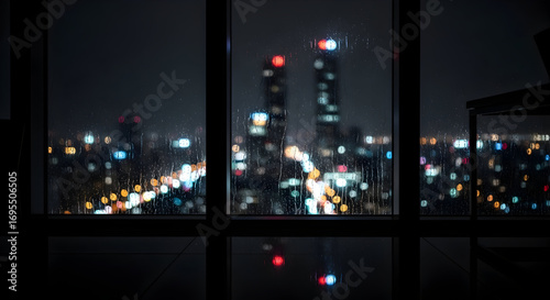 Urban Nightscape Viewed Through A Window During A Stormy And Rainy Evening Scene