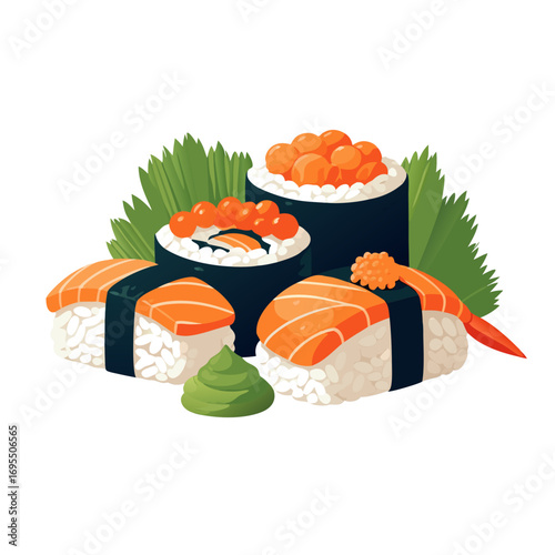 delicious salmon sushi rolls with wasabi on white background
