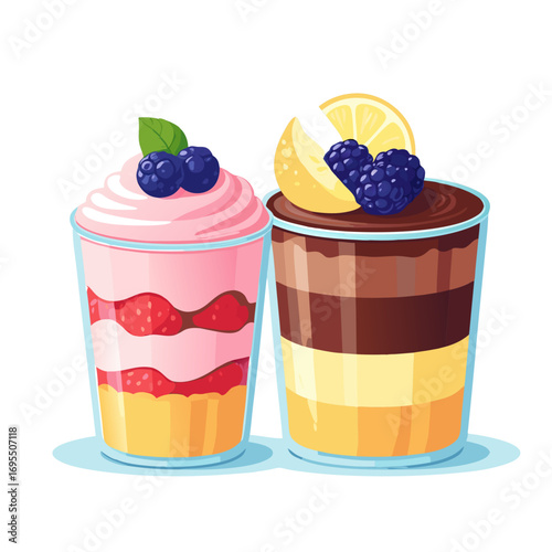 delicious dessert cups with layers of fruit cream chocolate on a white background