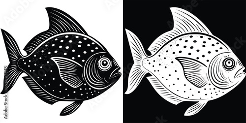 Striking black and white fish illustration with unique spotted pattern, perfect for marine themes and nautical designs.