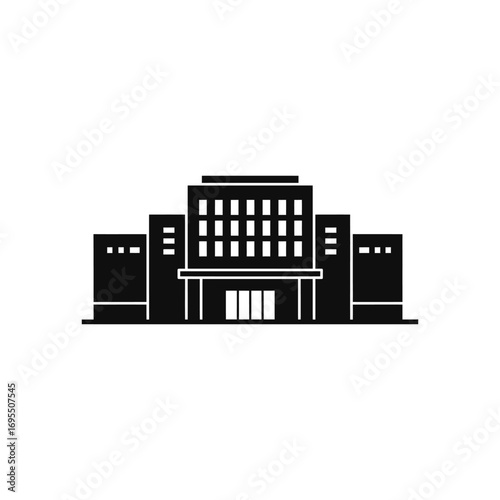 Vector illustration of a modern urban bank building with a striking city skyline and construction elements.