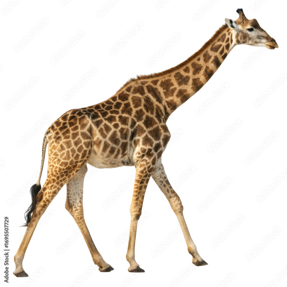 Fototapeta premium Giraffe in full-body view with long neck and patterned coat, wild animal isolated on white background. PNG