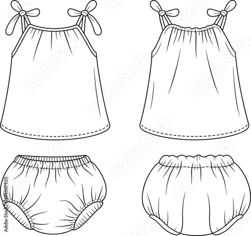 Baby clothing fashion sketch, girl summer dress with bloomers, kids apparel template, children outfit design, sewing pattern illustration, clothing vector outline