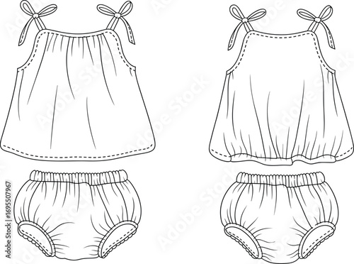 Baby girl fashion sketch, summer outfit design, cute dress with bloomers, kids clothing template, children apparel illustration, sewing pattern outline