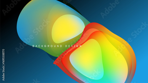 Abstract colorful shapes overlap, creating dynamic visual effect. Gradient hues blend smoothly against dark backdrop. Modern design element.