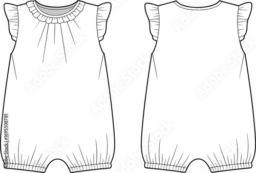 Baby romper fashion flat, infant romper design, toddler clothing template, ruffle sleeve outfit sketch, kids apparel illustration, children wear design drawing