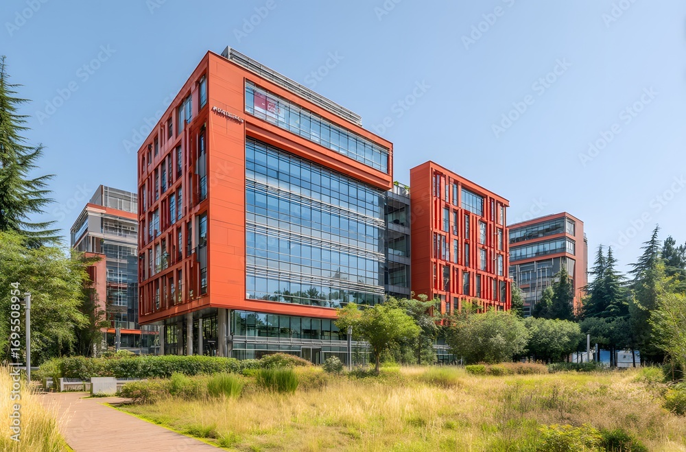Obraz premium Modern, vibrant orange office buildings stand out amidst greenery and a clear sky.