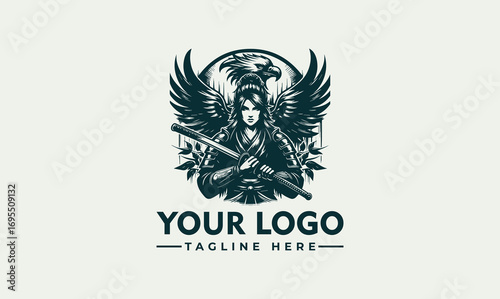 A stylized logo featuring a woman warrior with eagle wings, holding a katana, in a vintage graphic design style.