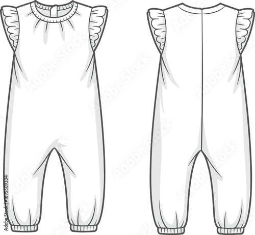Baby romper sketch, toddler jumpsuit flat drawing, children clothing template, sleeveless outfit design, ruffle shoulder detail, fashion illustration for kids apparel