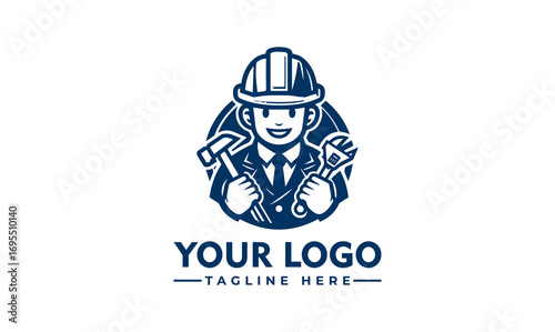 Smiling engineer logo,  hard hat, tools, business suit, professional services.