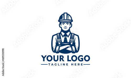Illustration of a construction worker with arms crossed, wearing a hard hat and overalls, above placeholder text for a logo.