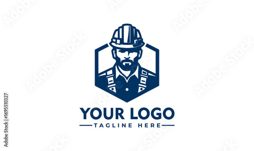 A stylized logo featuring a bearded construction worker in a hard hat, within a hexagonal frame.