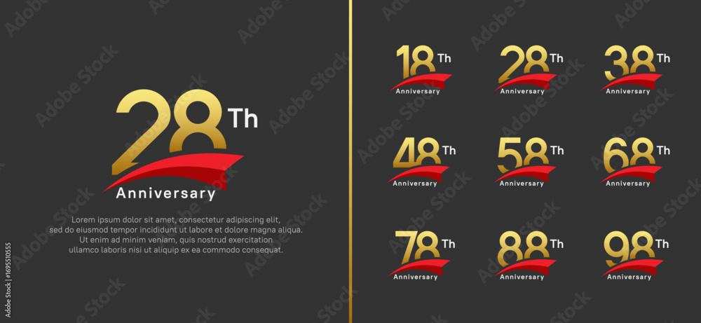 Naklejka premium set of anniversary logo style red ribbon. vector design golden color for celebration