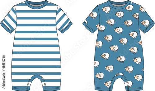 Baby romper template, striped romper design, sheep print romper outfit, infant clothing illustration, toddler apparel sketch, kids wear fashion drawing