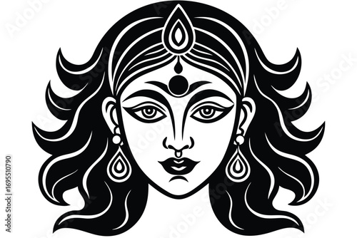minimalist durga face with big eyes  red bindi  an