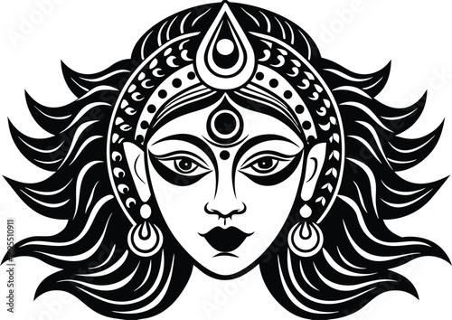 stylized durga face with third eye and bold red li copy