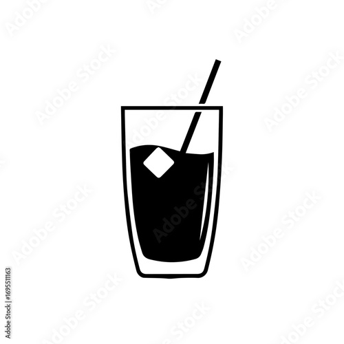 Simple black and white icon of a refreshing cold beverage in a glass with an ice cube and a drinking straw, isolated on a white background