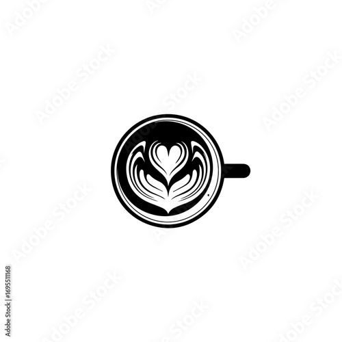 Elegant graphic illustration of a coffee cup with intricate heart-shaped latte art, viewed from above. This design evokes the comforting essence of a skillfully prepared hot beverage for cafes