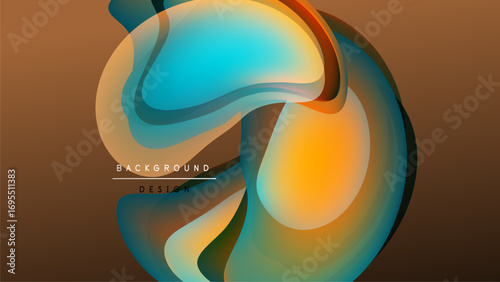 Abstract fluid shapes overlap, creating vibrant color gradients. Background is dark, design features orange, blue hues. Modern aesthetic.