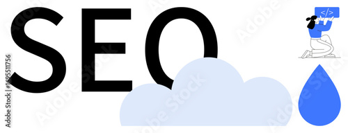 SEO text, blue cloud, blue raindrop, developer coding on laptop. Ideal for SEO, web development, programming, digital marketing, cloud computing data optimization simple landing page