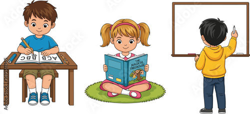 Children learning activities, boy writing, girl reading, kid drawing on board, school education, study habits, classroom practice, student learning, academic growth, knowledge sharing