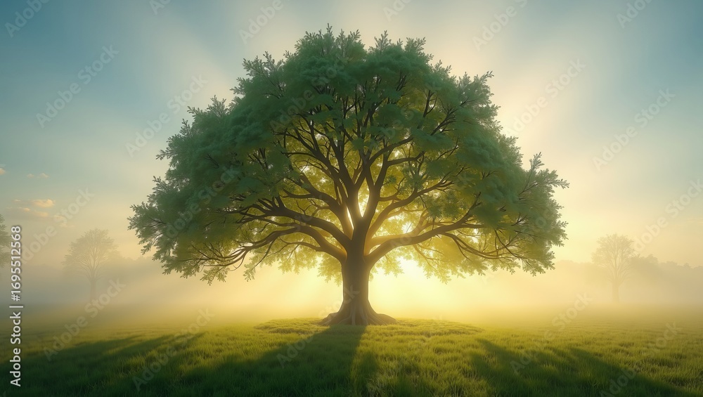 Fototapeta premium Growth, renewal, and natural beauty concept with radiant sunlight shining through a majestic solitary tree in tranquil meadow