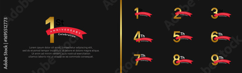 set of anniversary logo style red ribbon. vector design gold color for celebration