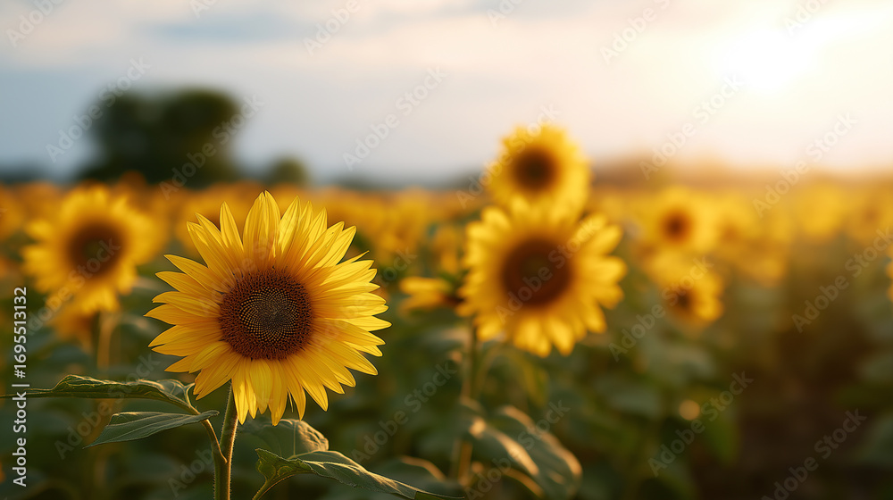 Fototapeta premium Bright yellow sunflowers blooming in field at sunset. 