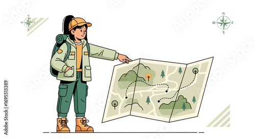 A girl with a map planning an adventure in nature, travel and outdoor activities