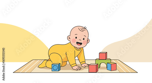 A happy baby playing with colorful blocks on the floor in an illustration design