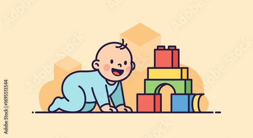 A Happy Baby Plays With Colorful Blocks, Representing Early Childhood Development and Joyful
