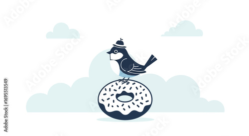 A happy bird wearing a hat perched on a donut in a whimsical cloudy scene