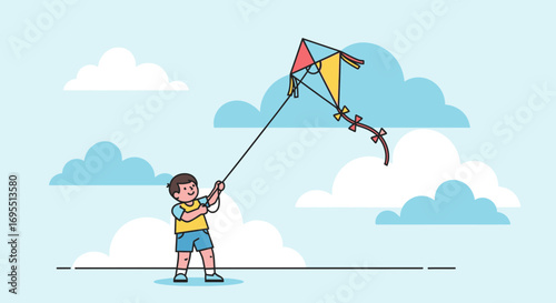 A happy boy playing with a colorful kite against a cloud background