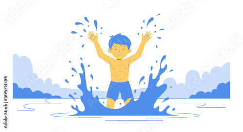 A happy boy playing in the water creating a splash, summer fun and enjoyment
