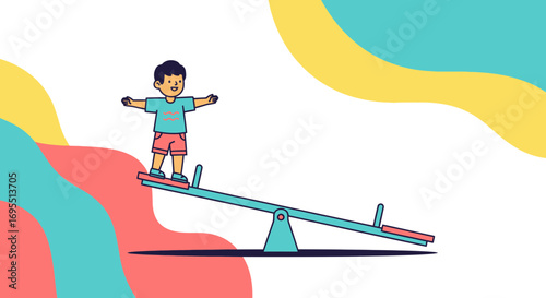 A happy child balancing on a seesaw with arms outstretched for fun and play time
